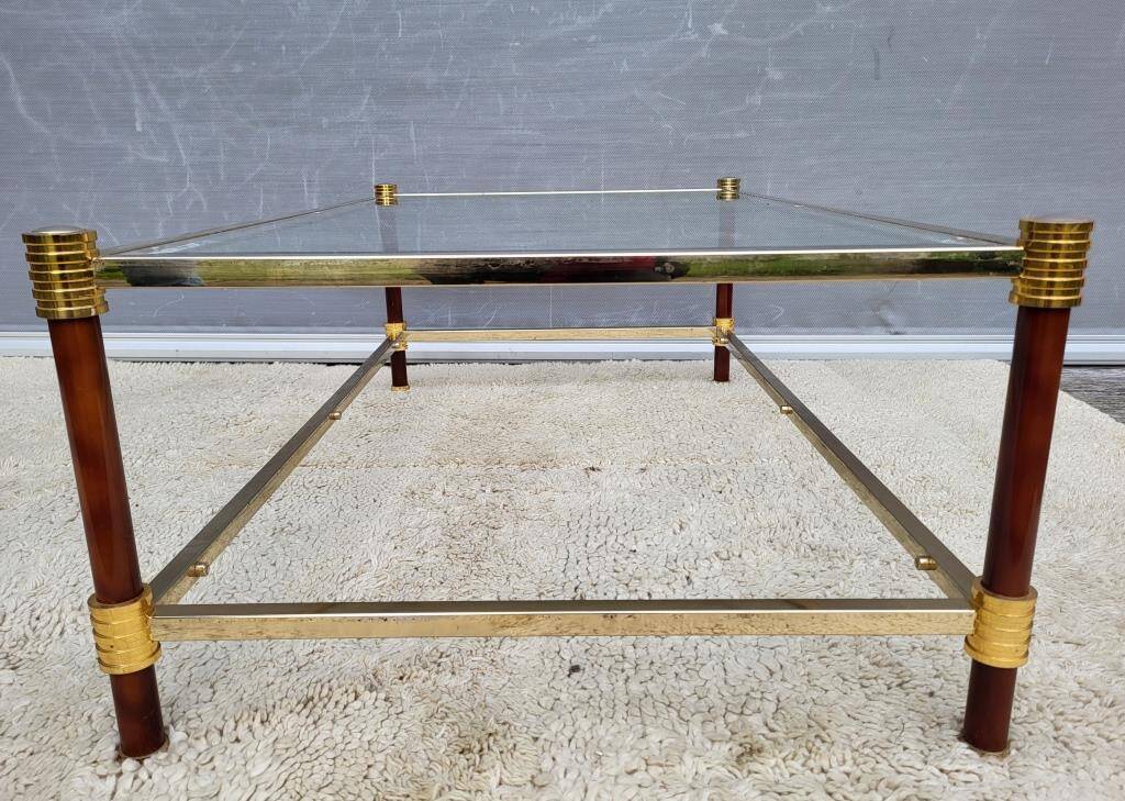 Gold glass coffee table with tobacco-colored legs, 1970s design