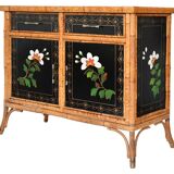 Japanese-style sideboard in bamboo and black lacquer enhanced with polychrome flowers