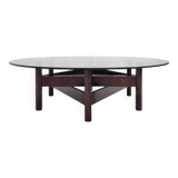 Table basse en bois et plateau rond en verre fumé
