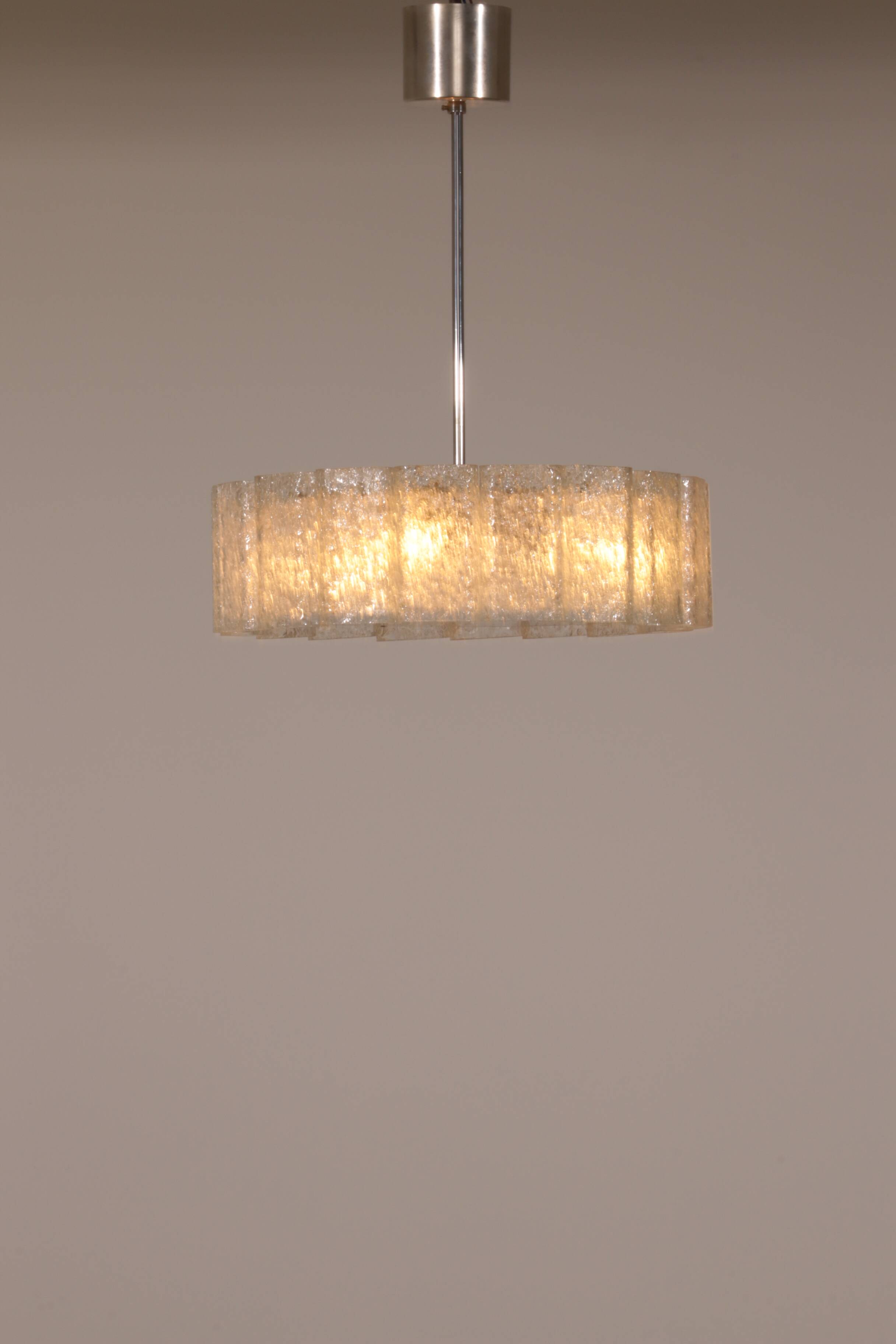 "Doria Leuchten Ice Glass Hanging Lamp with Relief Glass Cylinders, 1960s"