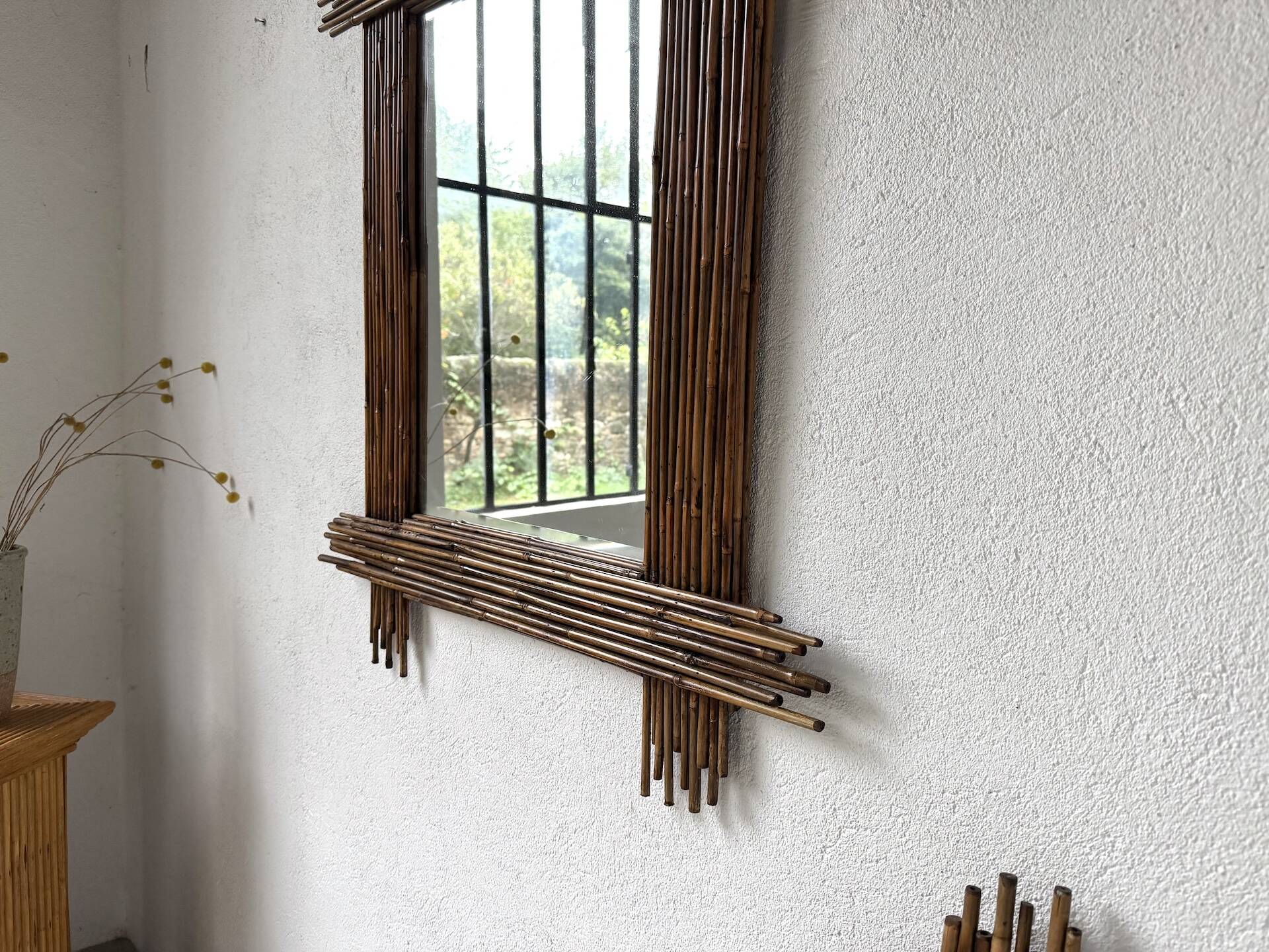 Pair of large vintage bamboo mirrors, 1970s