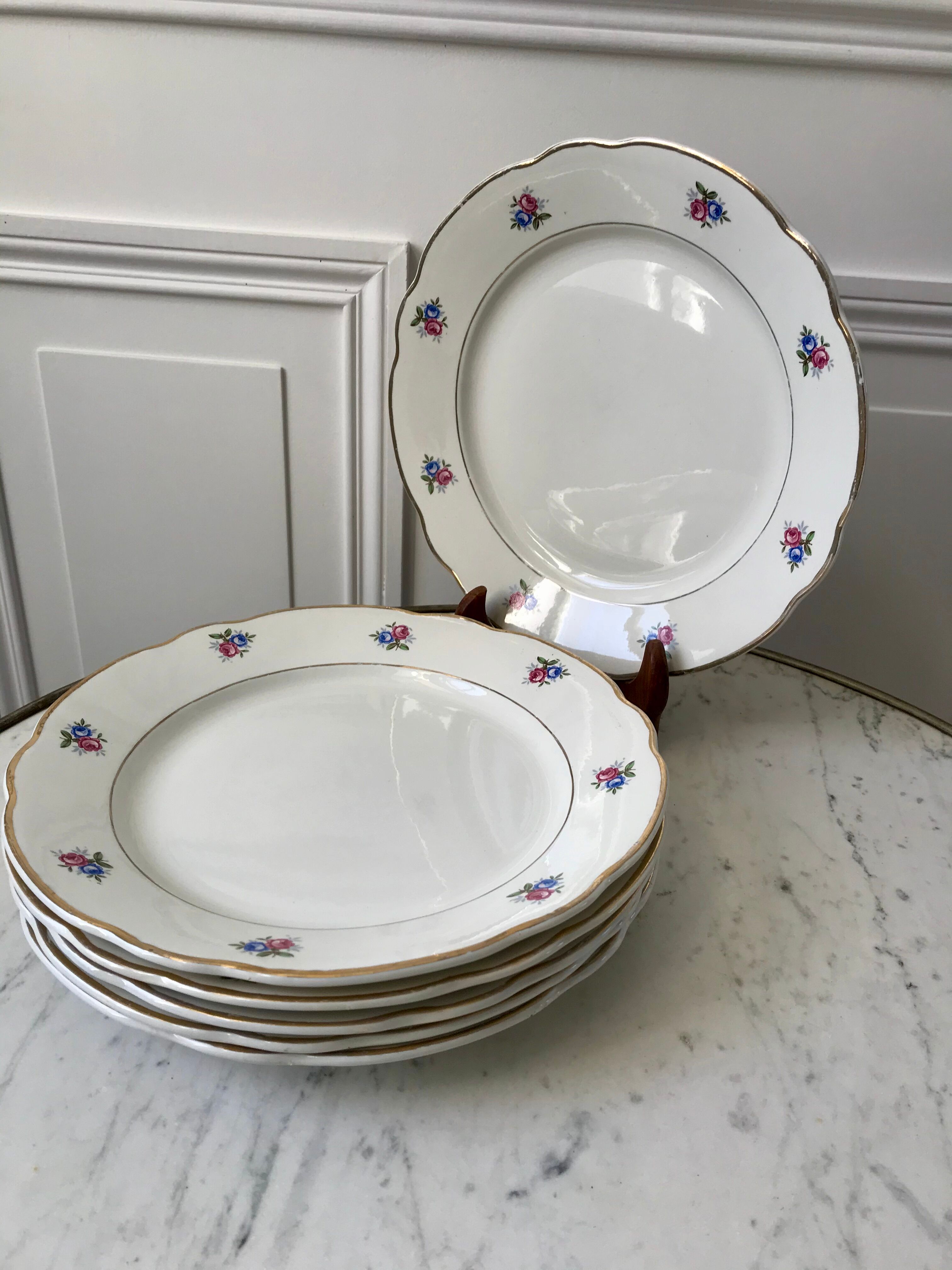 set of 6 flat plates Digoin Sarreguemines small flowers 50s