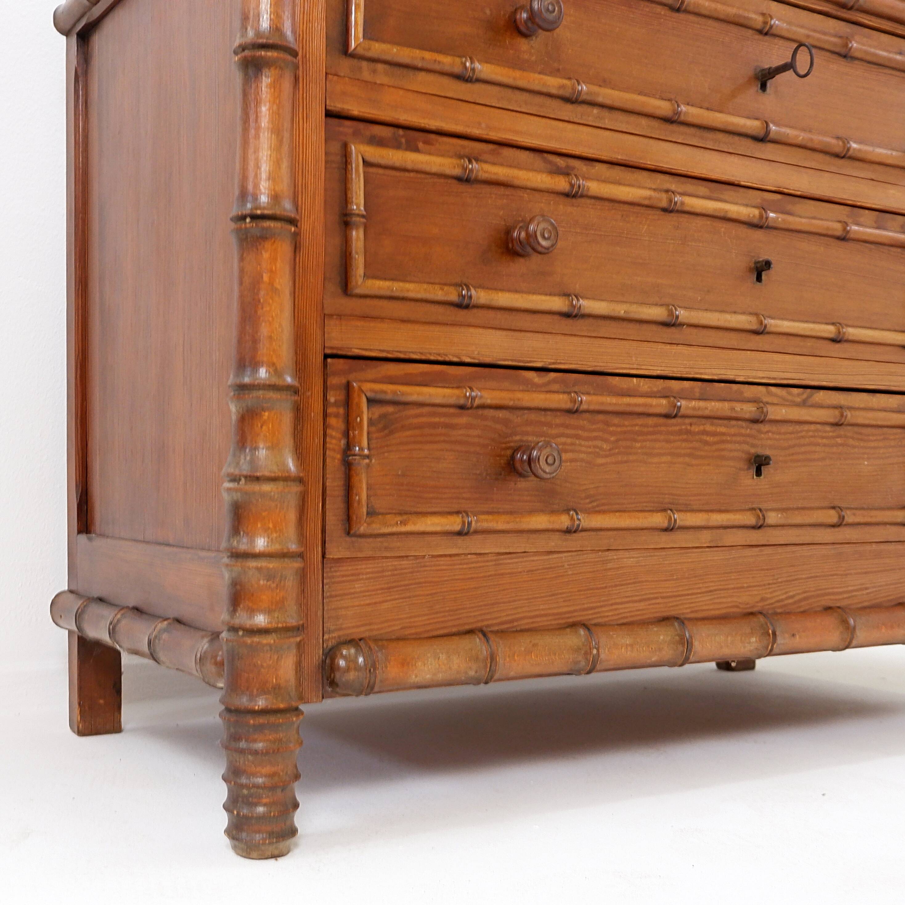Faux Bamboo Dark Pine Chest of Drawers - Late 19th century