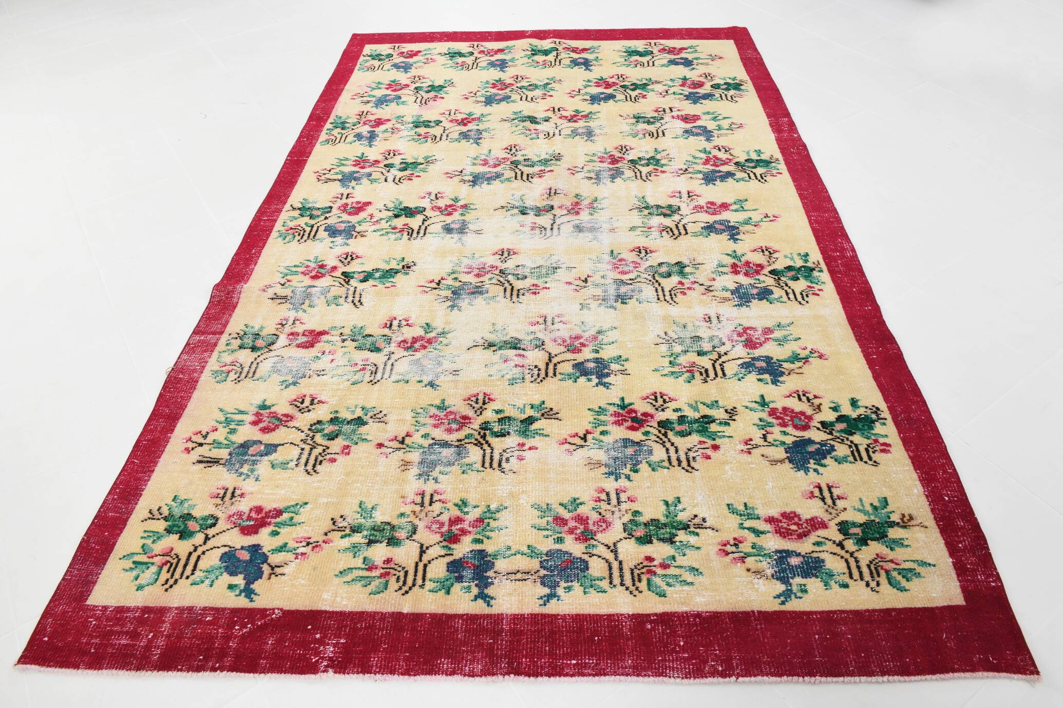 Ruby Red Vintage Floral Turkish Rug, Handmade Wool Carpet, 202x309 Cm