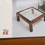 Table basse design Aldo Tura, en verre, cuir de chèvre et parchemin – Table d'appoint 1978