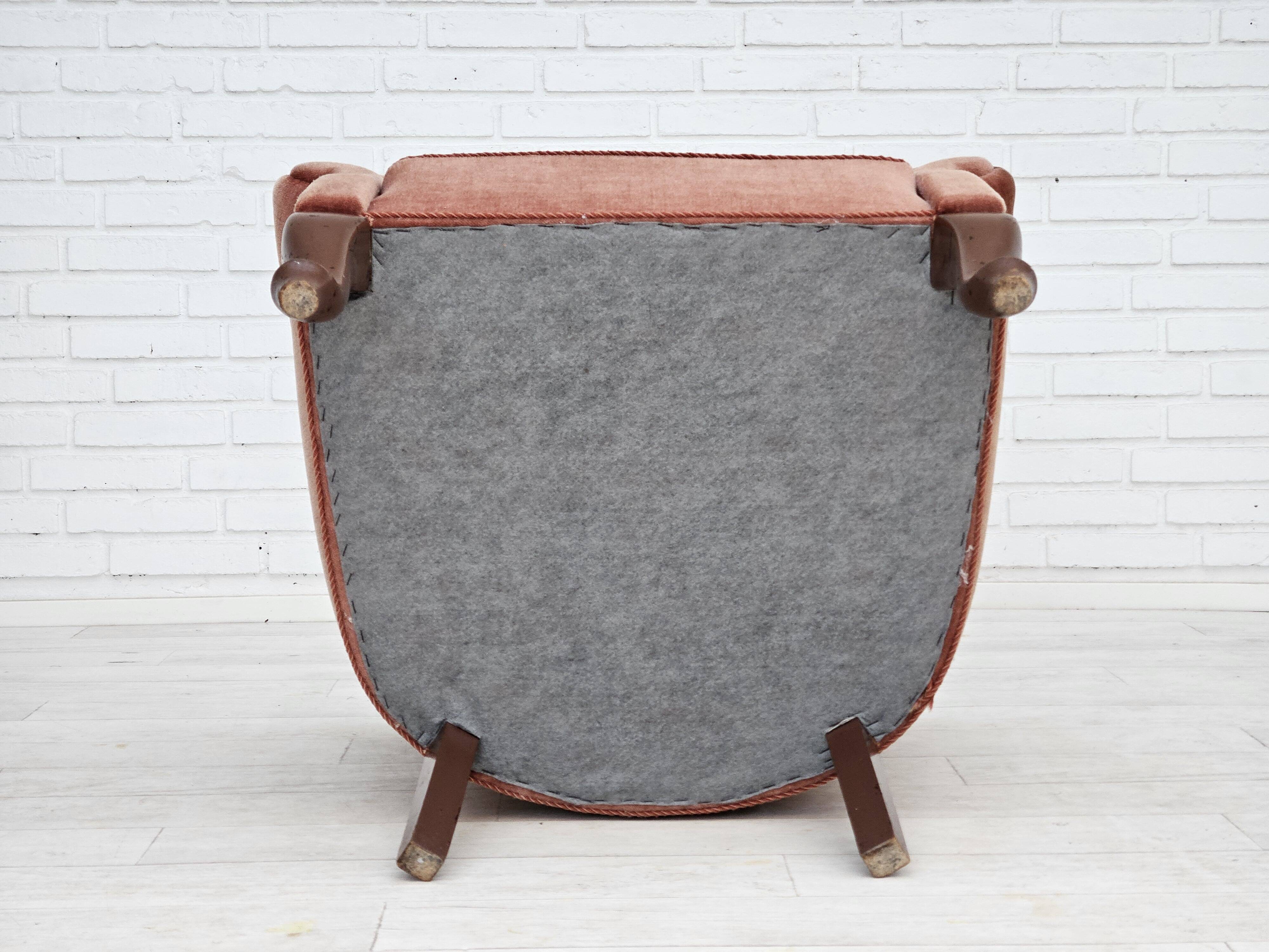 1960s, Danish lounge chair, salmon pink furniture velour, ash wood legs.