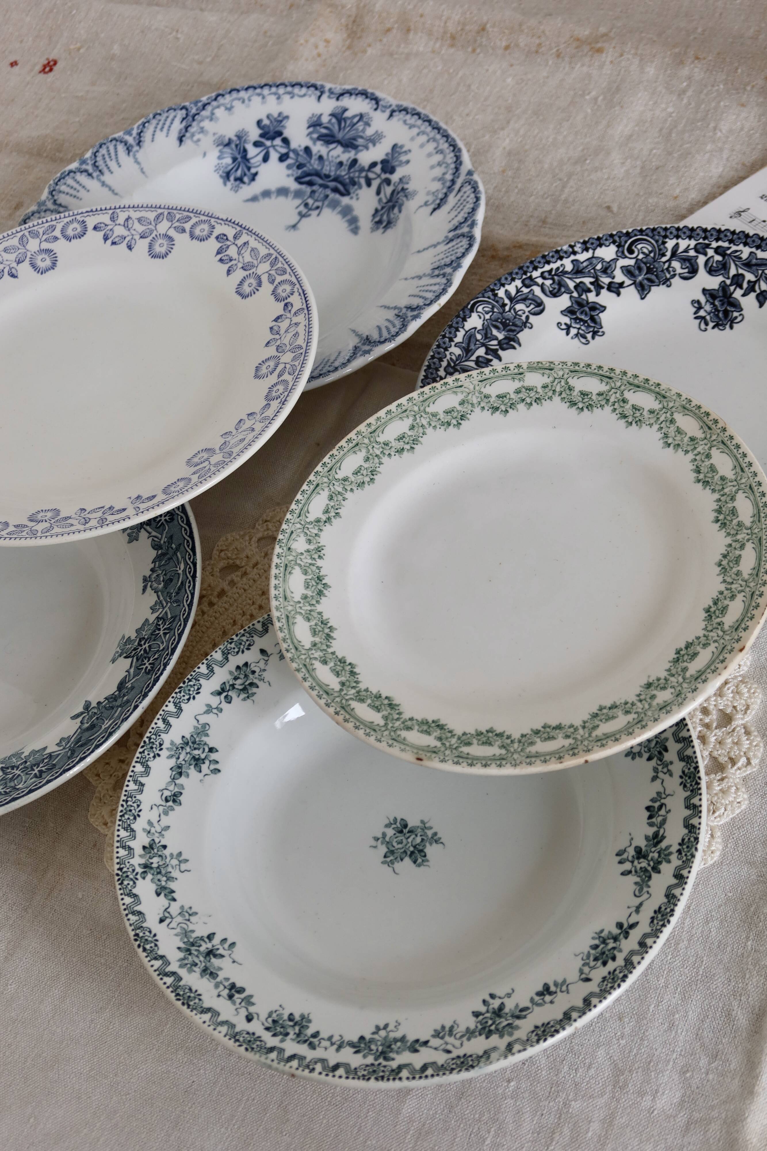 6 mismatched vintage iron earthenware plates