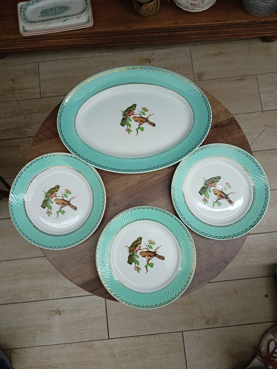 Lot 1 large oval dish and 3 bird plates Green background