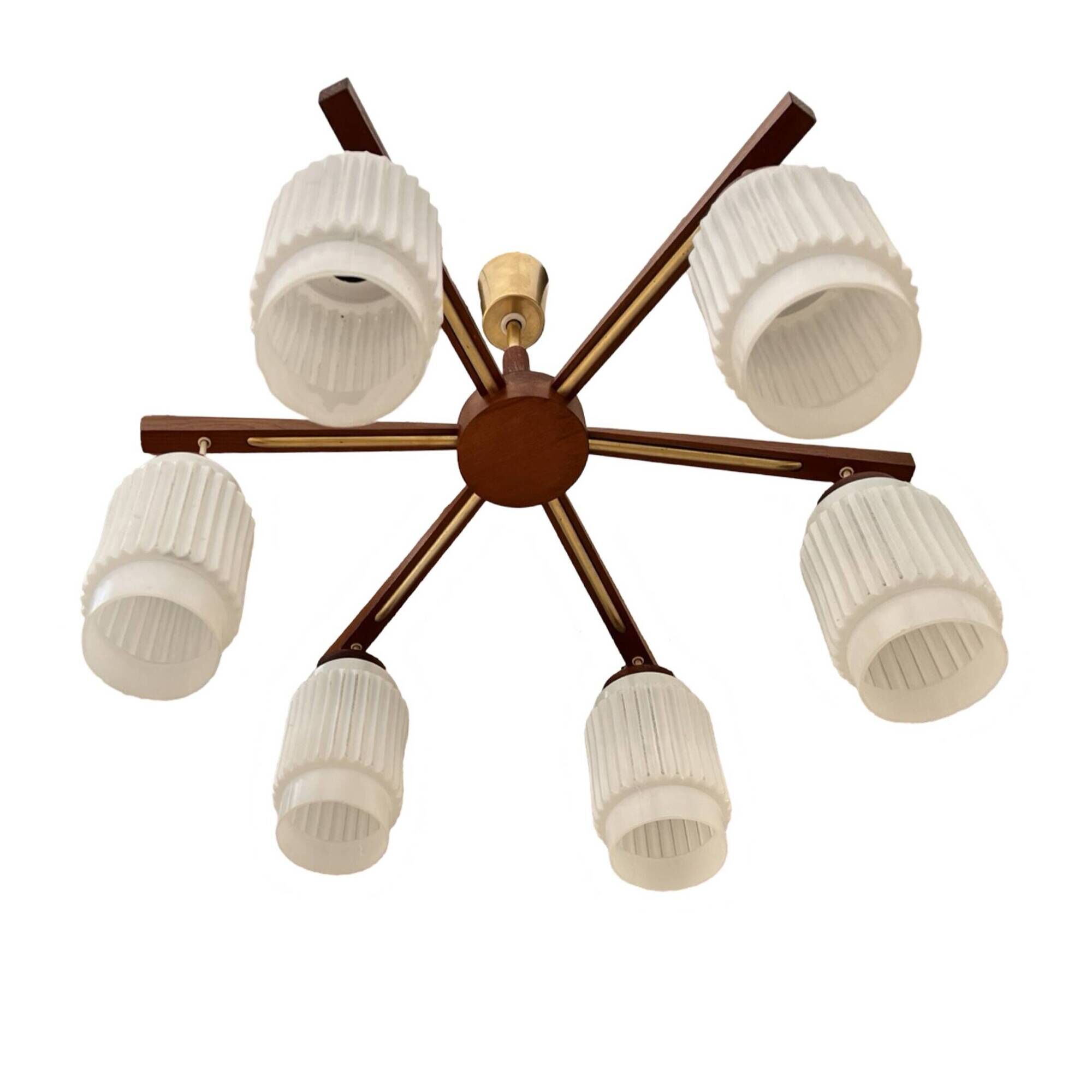 Scandinavian six-arm chandelier made of teak wood, Denmark, 1970s.