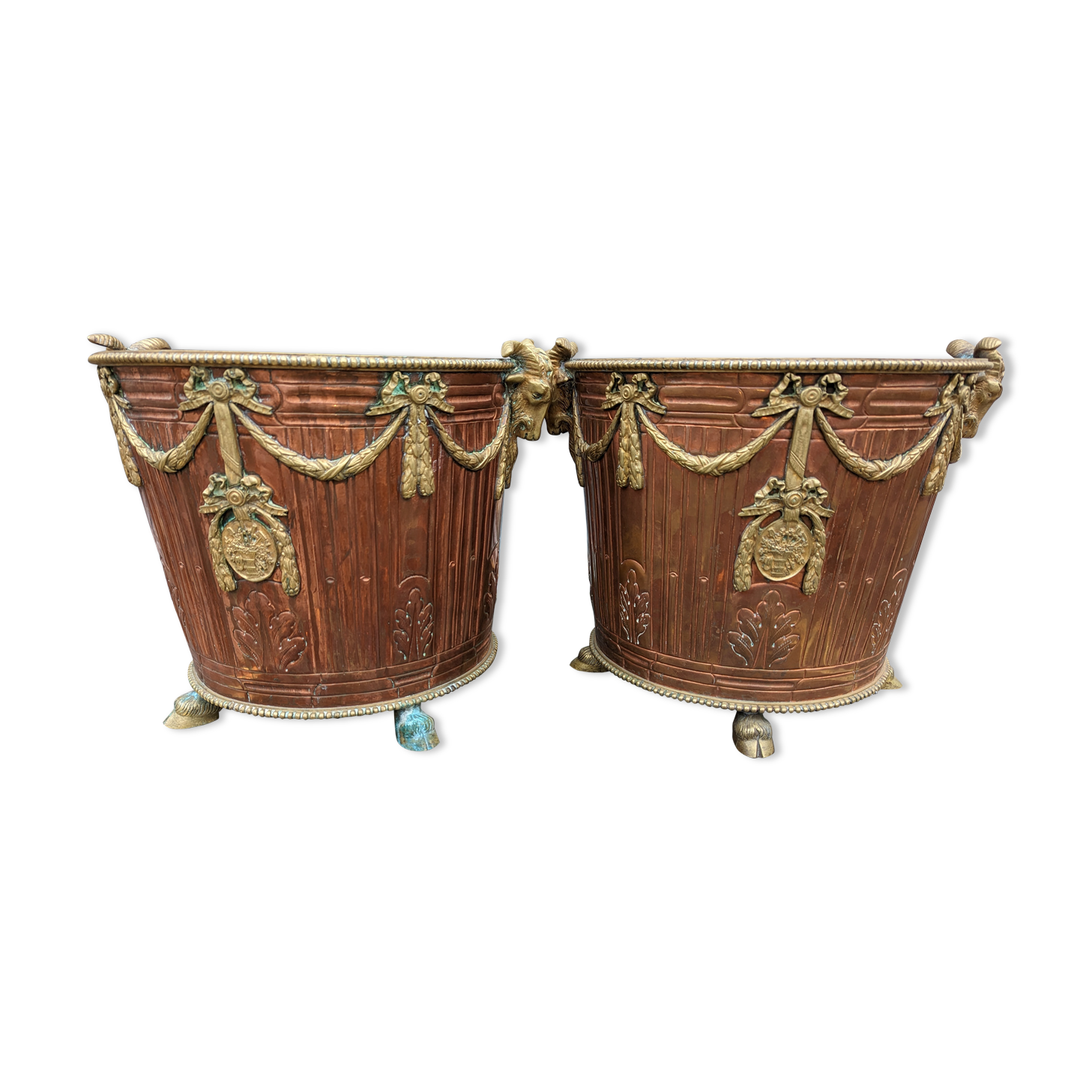 Pair of brass and bronze planters rams' heads 1890