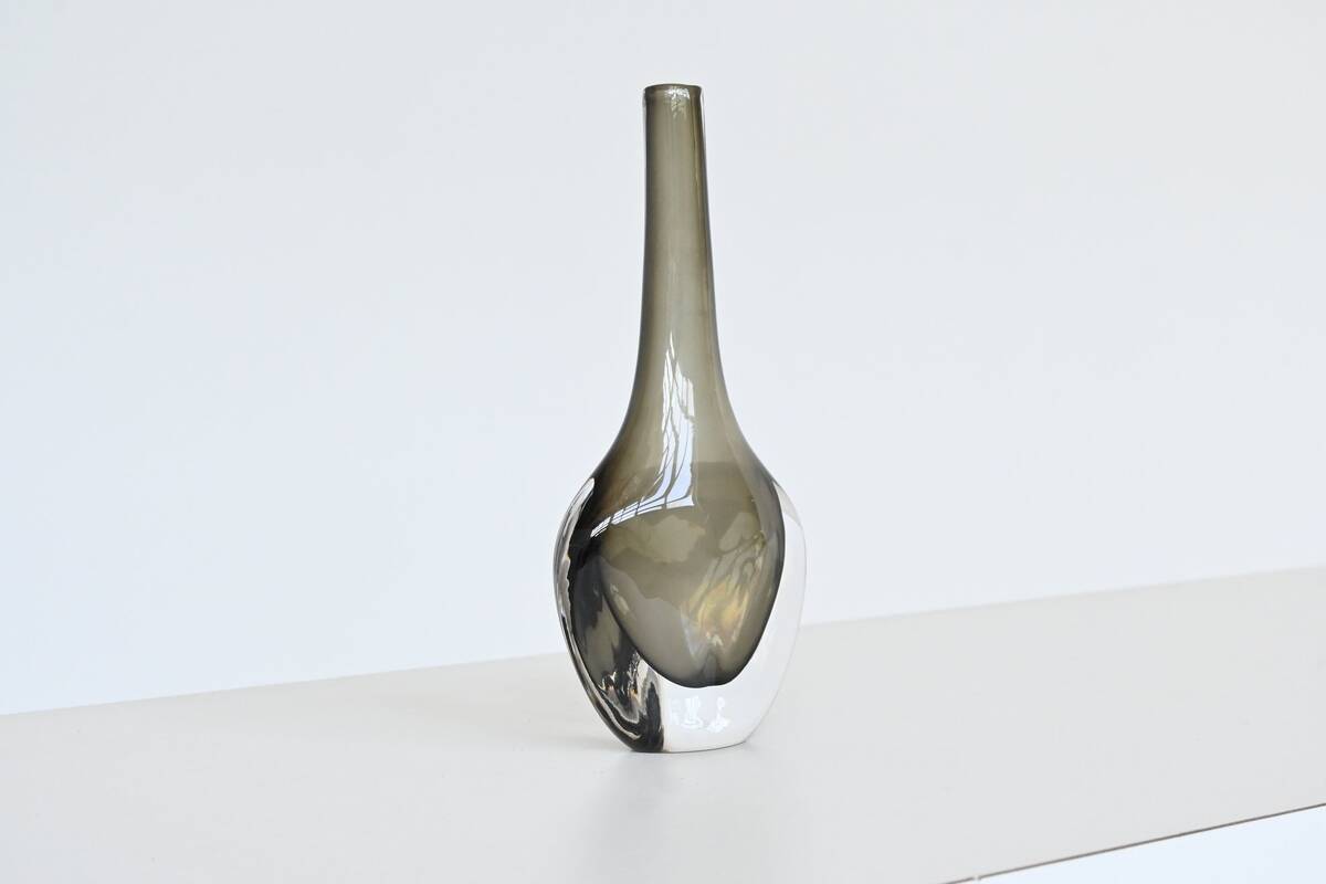 Nils Landberg black glass "Sommerso" vase Orrefors Sweden 1950