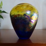 Vase verre irisé multicolore et bleu cobalt canada robert held signé