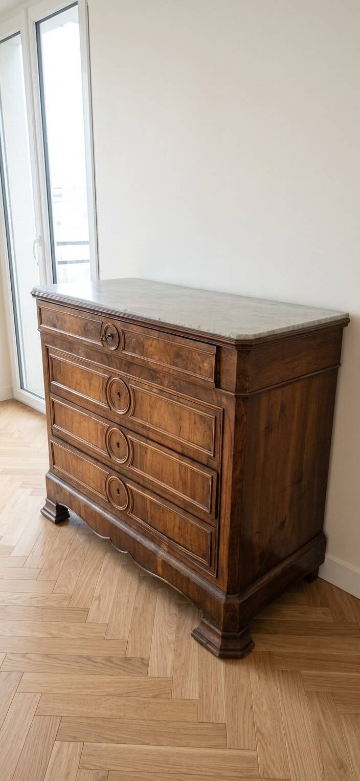 Ensemble commode ancienne : 3 tiroirs en bois kaki