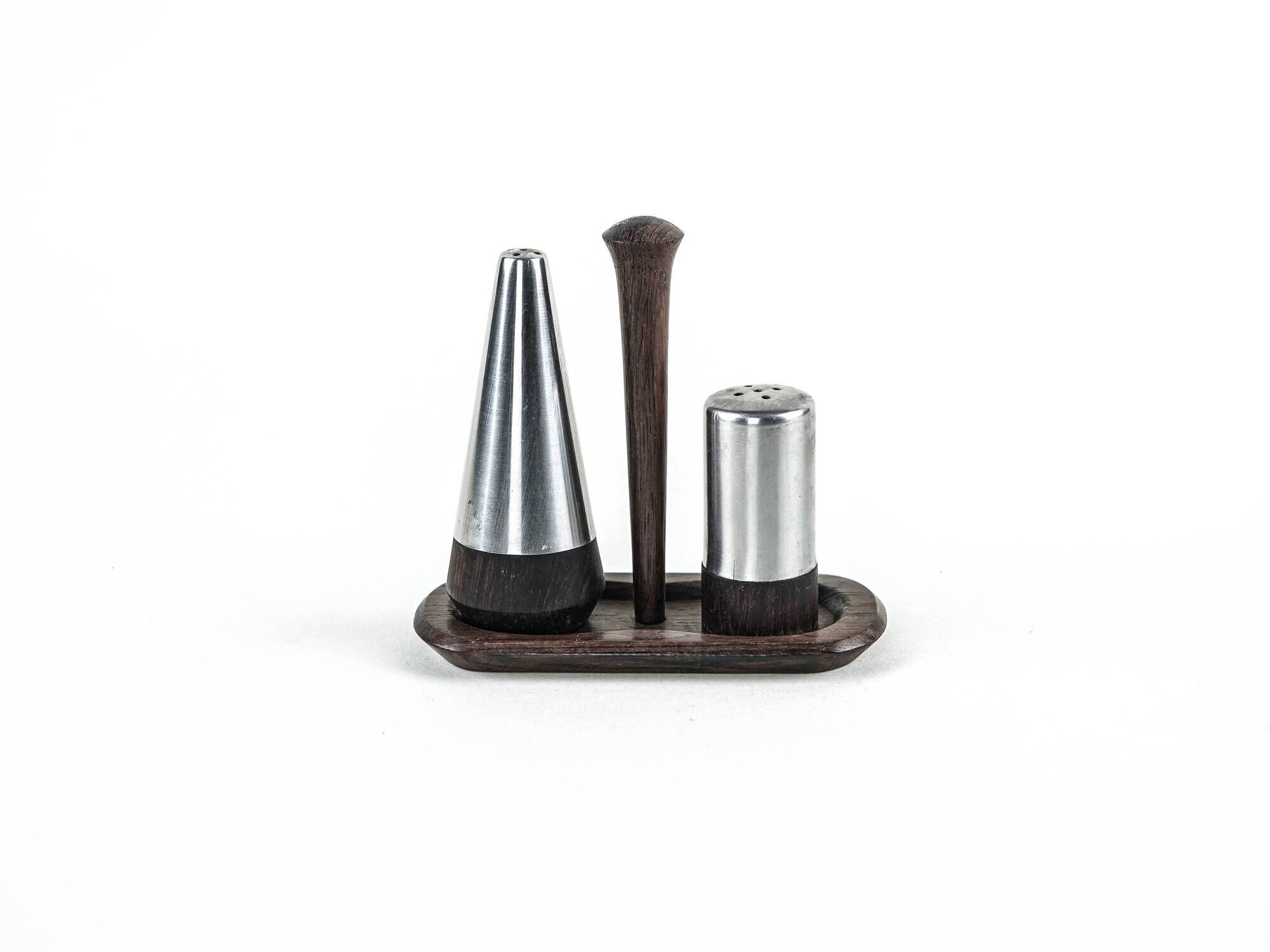 Danish salt and pepper set in wood and steel with tray, 1970s