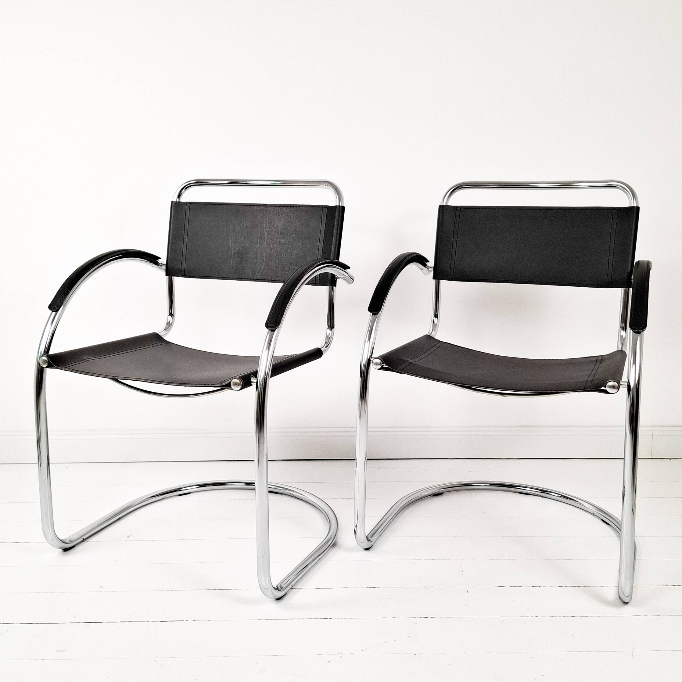 Pair Vintage Italian Cantilever Chairs Chrome Leather Armrests Bauhaus Style