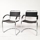 Pair Vintage Italian Cantilever Chairs Chrome Leather Armrests Bauhaus Style
