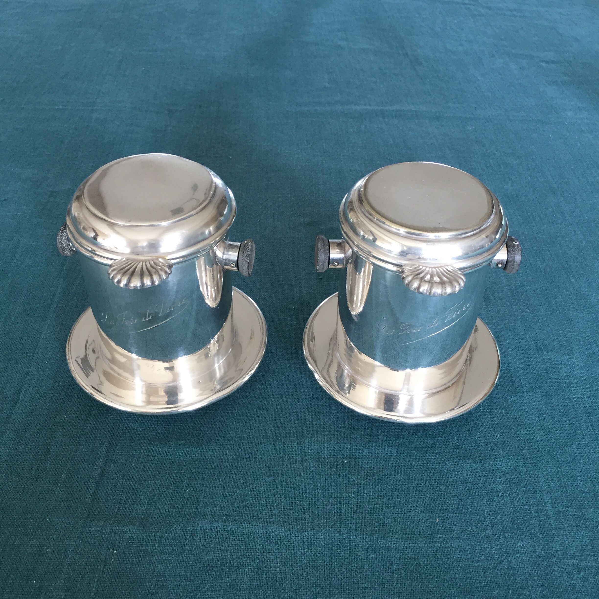 Duo of old coffee filters in silver metal Félix Frères