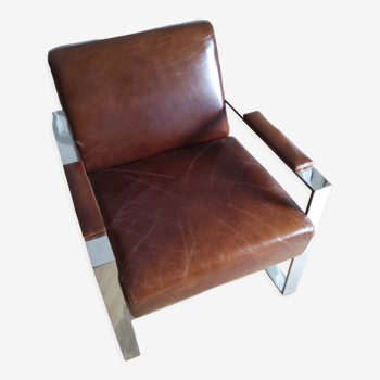 Fauteuil club cuir marron et chrome