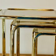 Vintage nesting tables in gold metal and smoked glass