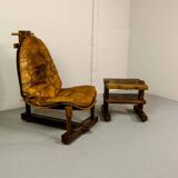 Brutalist Brazilian Style Patched Leather Lounge Chair and Side Table 60s