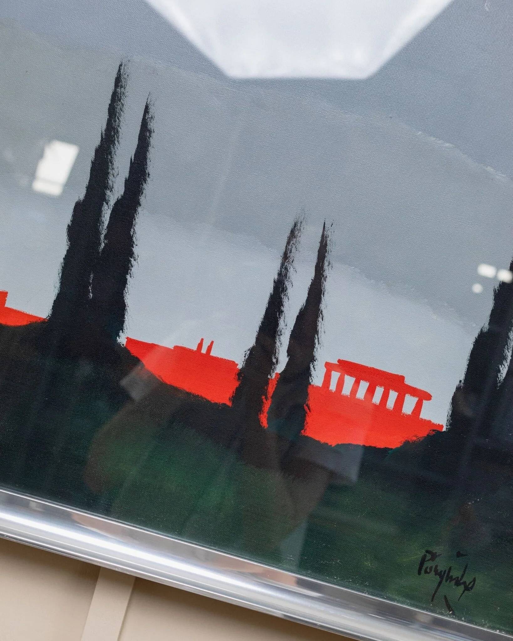 Peinture acrylique bleue sur toile par Vittorio Postiglione - skyline de Rome, cadre argenté, vintage des années 1980.