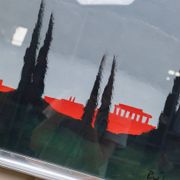 Blue acrylic on canvas painting by Vittorio Postiglione - Rome skyline, silver frame, vintage 1980s