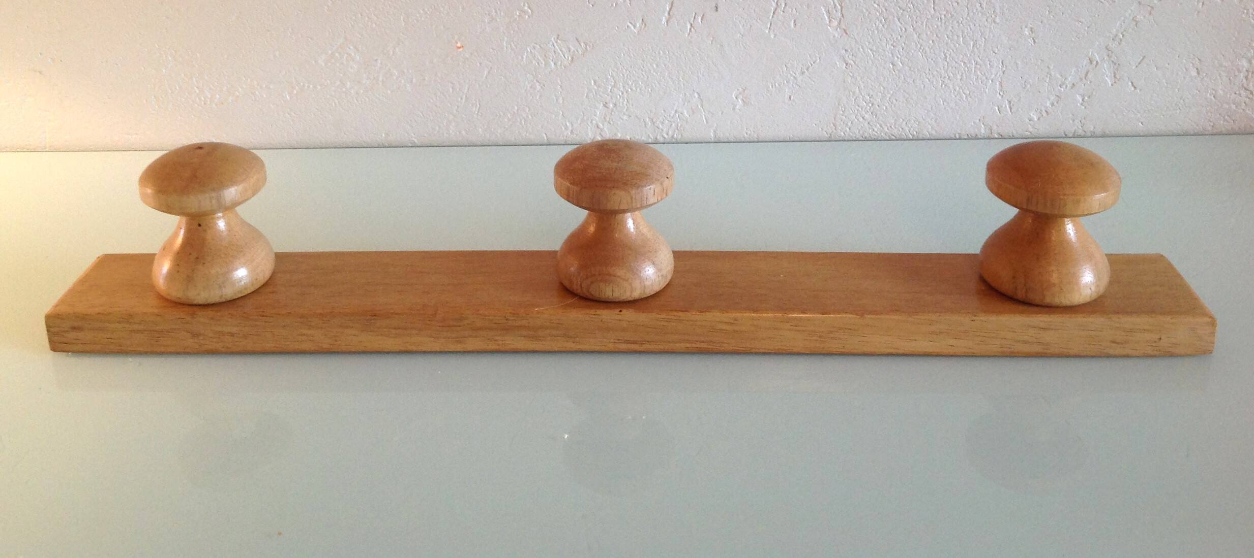 Three-headed varnished wooden coat rack, Scandinavian style / vintage 60s-70s