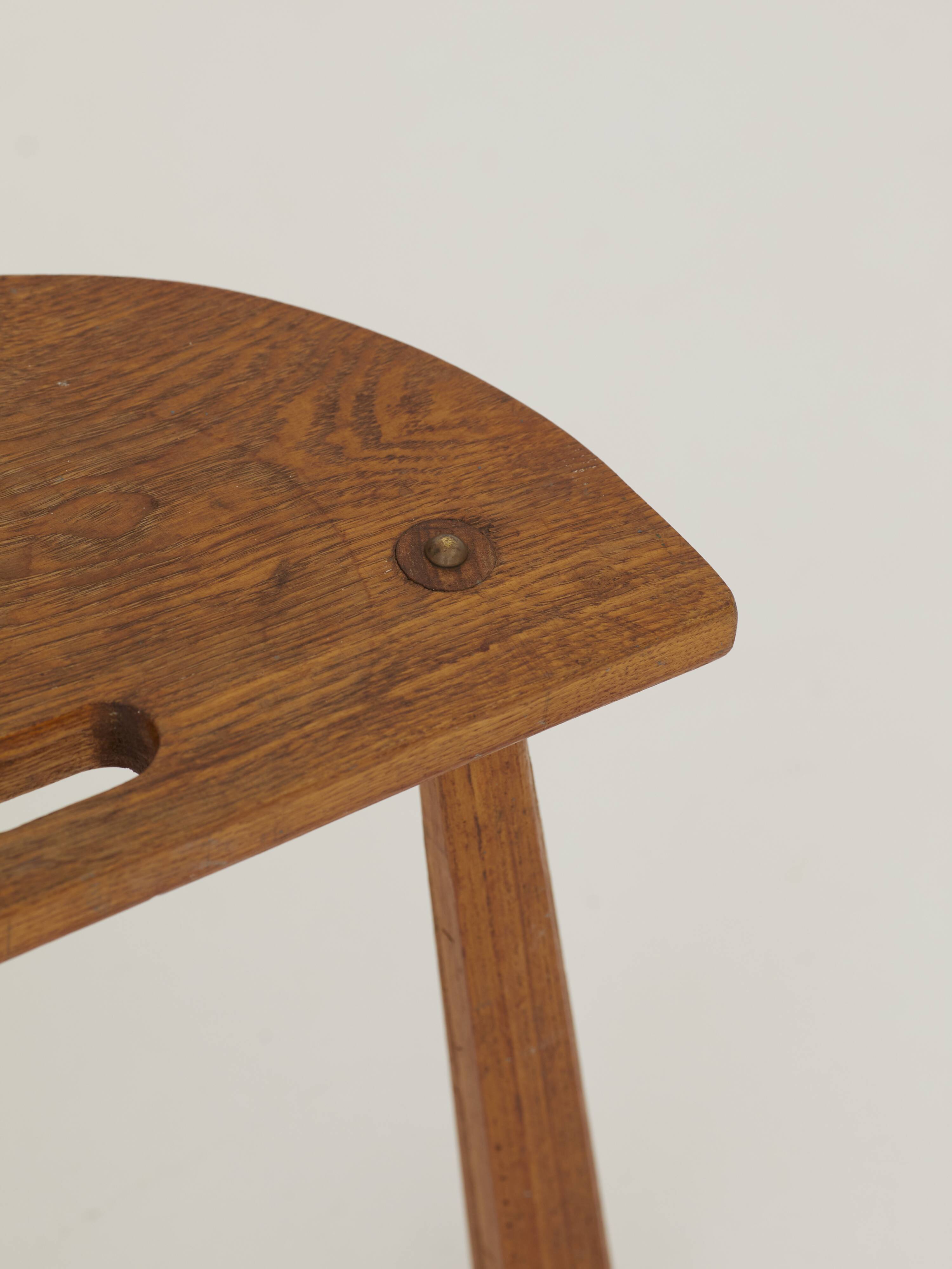 2 vintage solid wood half-moon tripod stools, circa 1950