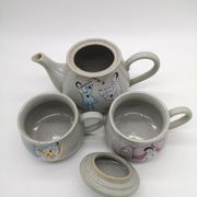 Teapot and two ceramic cups Korea vintage Pierrot Colombine