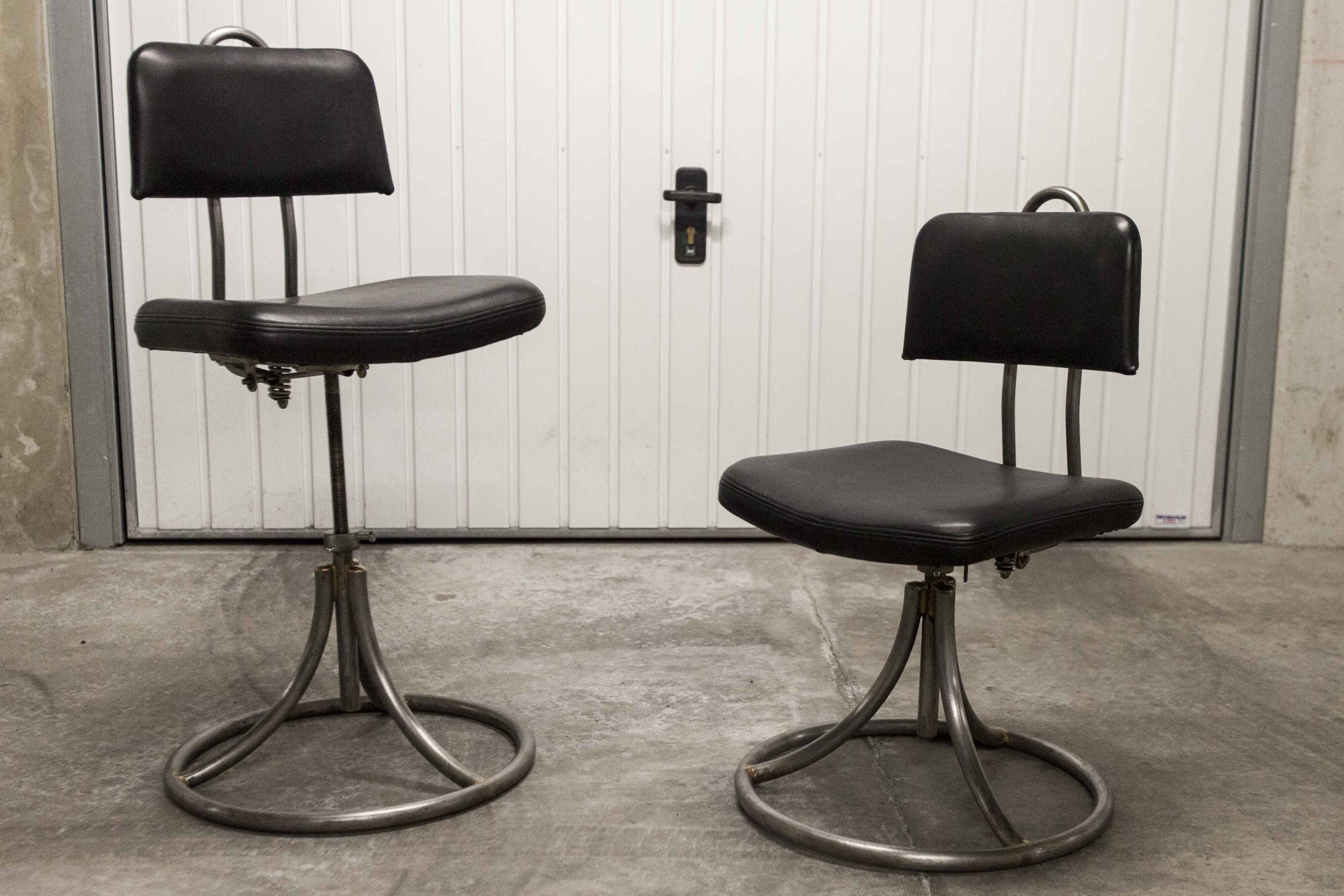 Pair of French Army telegraph operator's swivel chairs, new leather