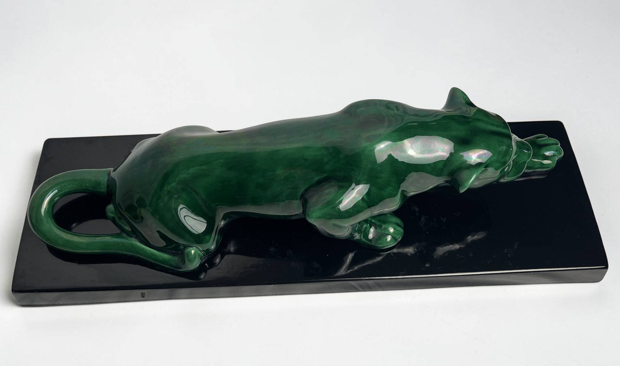 Art Deco, green ceramic panther sculpture circa 1930.