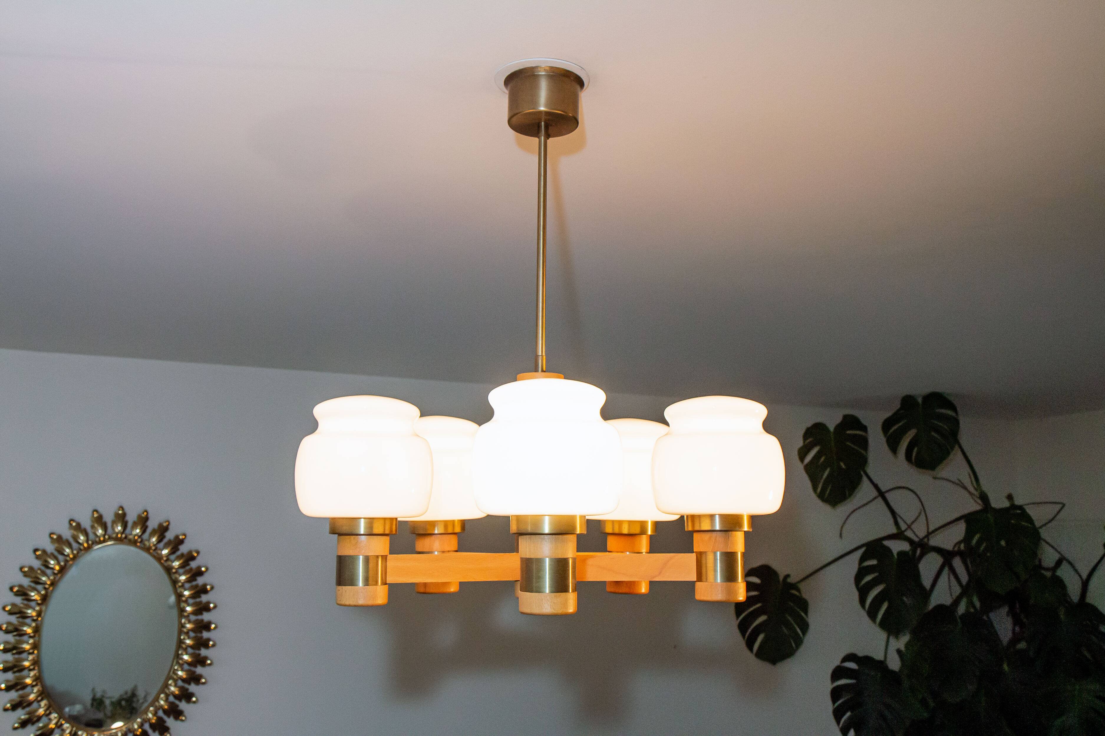 Scandinavian 5-branch chandelier, opaline, wood and brass, 1960