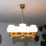 Lustre scandinave à 5 branches, opaline, bois et laiton, 1960