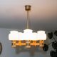 Scandinavian 5-branch chandelier, opaline, wood and brass, 1960