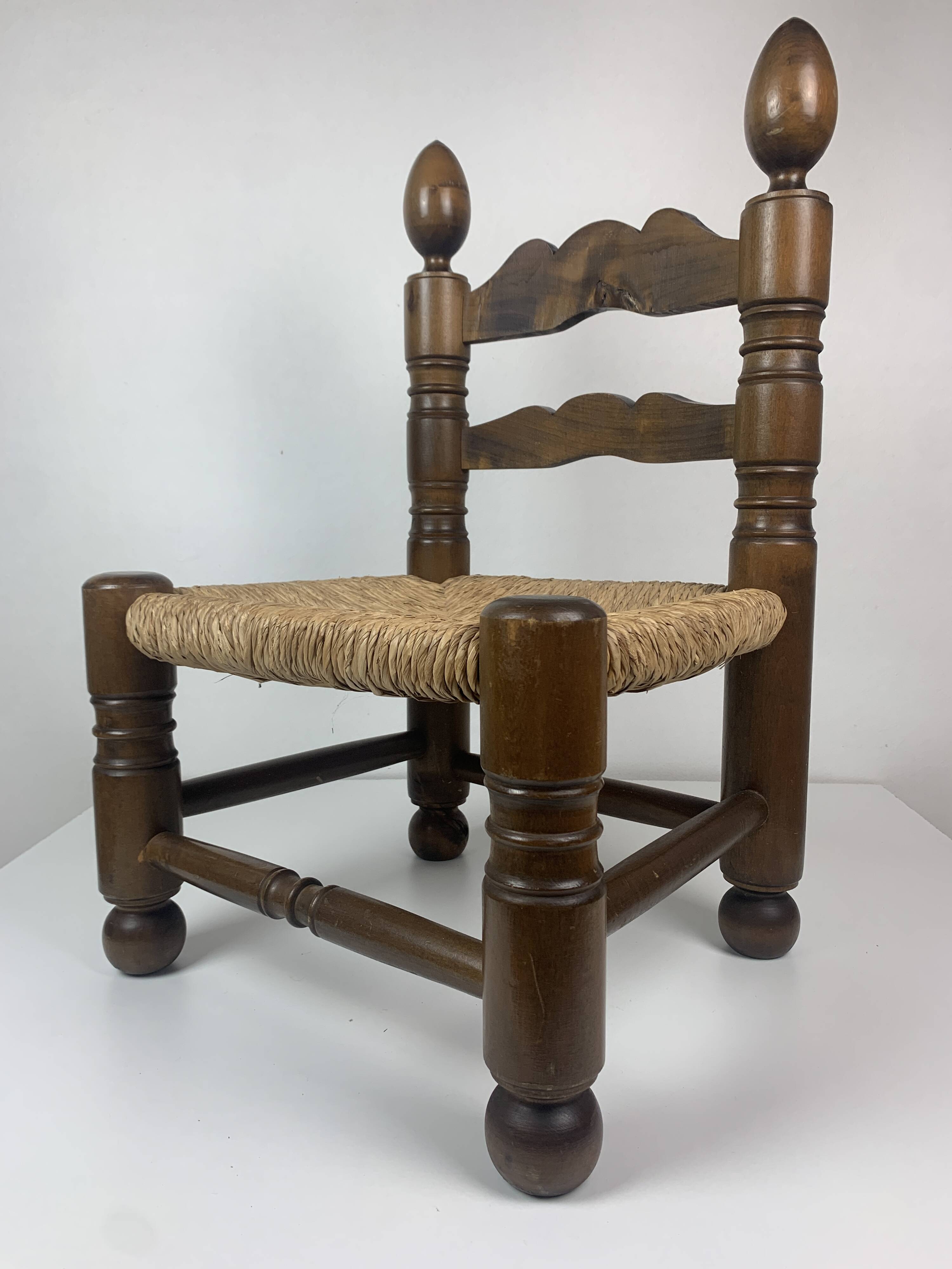 Wood Turned Bobbin Low Rush Chair in the manner of Charles Dudouyt, France, 1950s