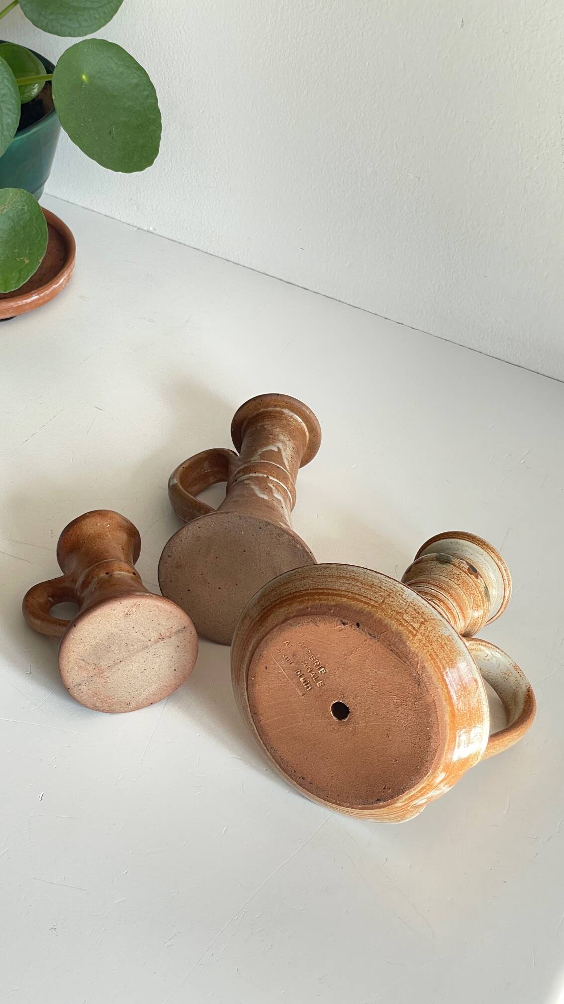 3 vintage handcrafted pottery candle holders