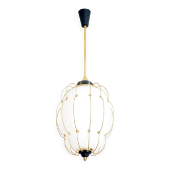 Angelo Lelli for Arredoluce chandelier opaline glass brass metal 1958