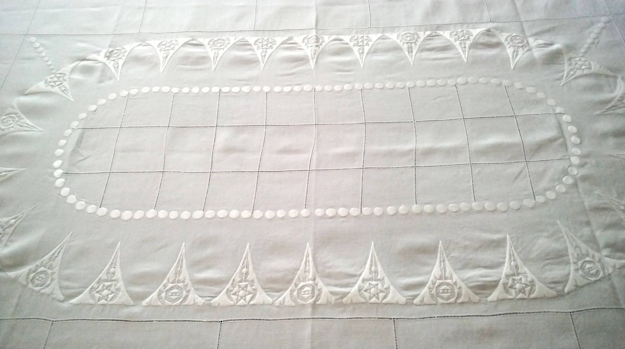 White linen tablecloth with embroidery and openwork, 1.65 x 2.40 m