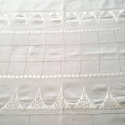 White linen tablecloth with embroidery and openwork, 1.65 x 2.40 m