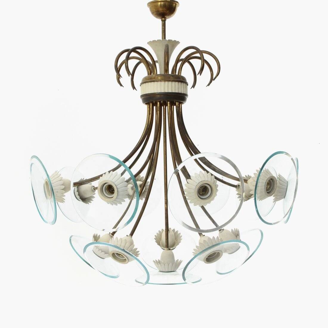 Lustre en laiton et verre avec 16 lumières, années 1950