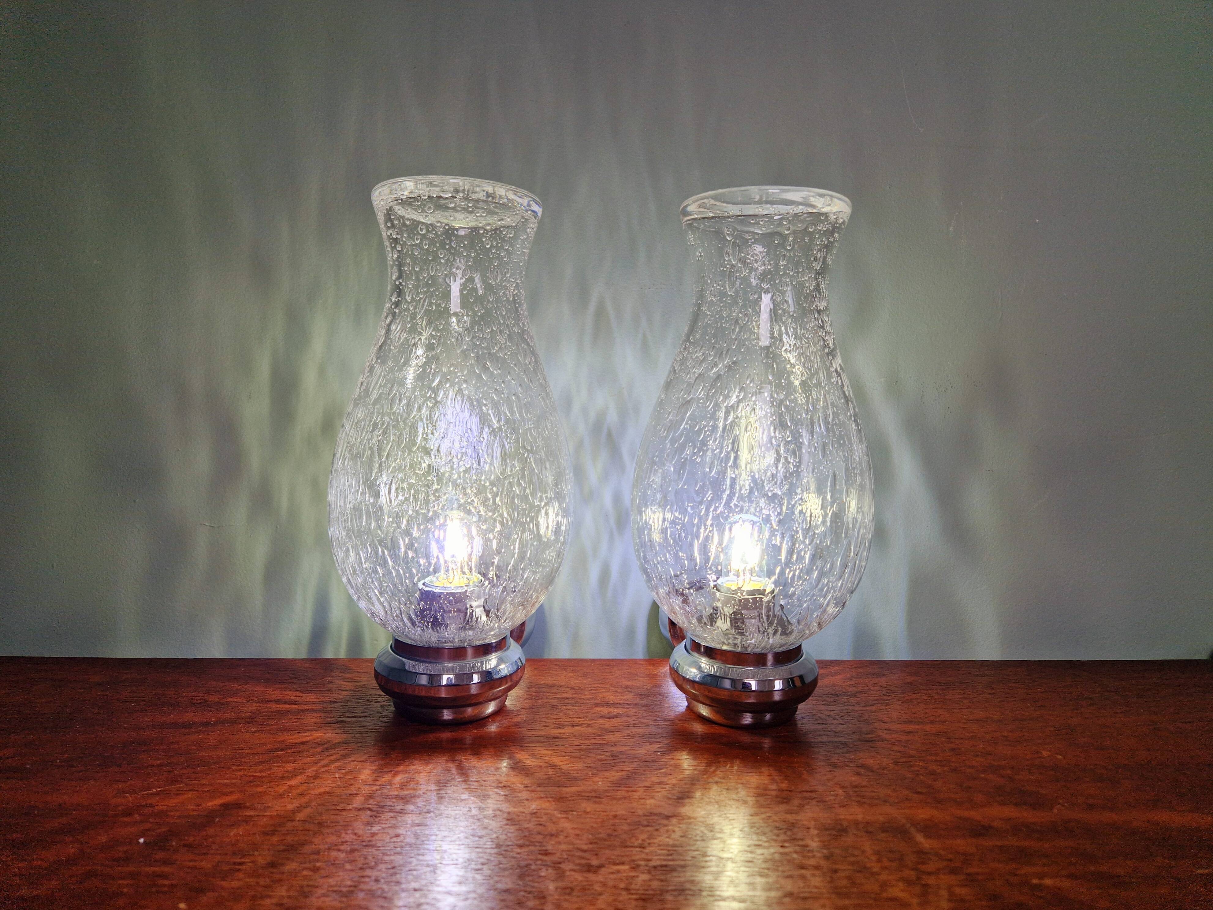 Pair of blown glass and chrome-plated metal wall lights, 1970s