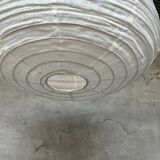Medium pendant light in rattan and natural linen, Japanese-style, flattened round (Labu) H35 D60