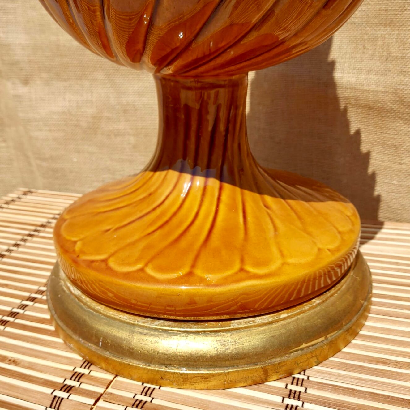 Vintage lamp in ochre enamelled ceramic, vegetable and floral décor