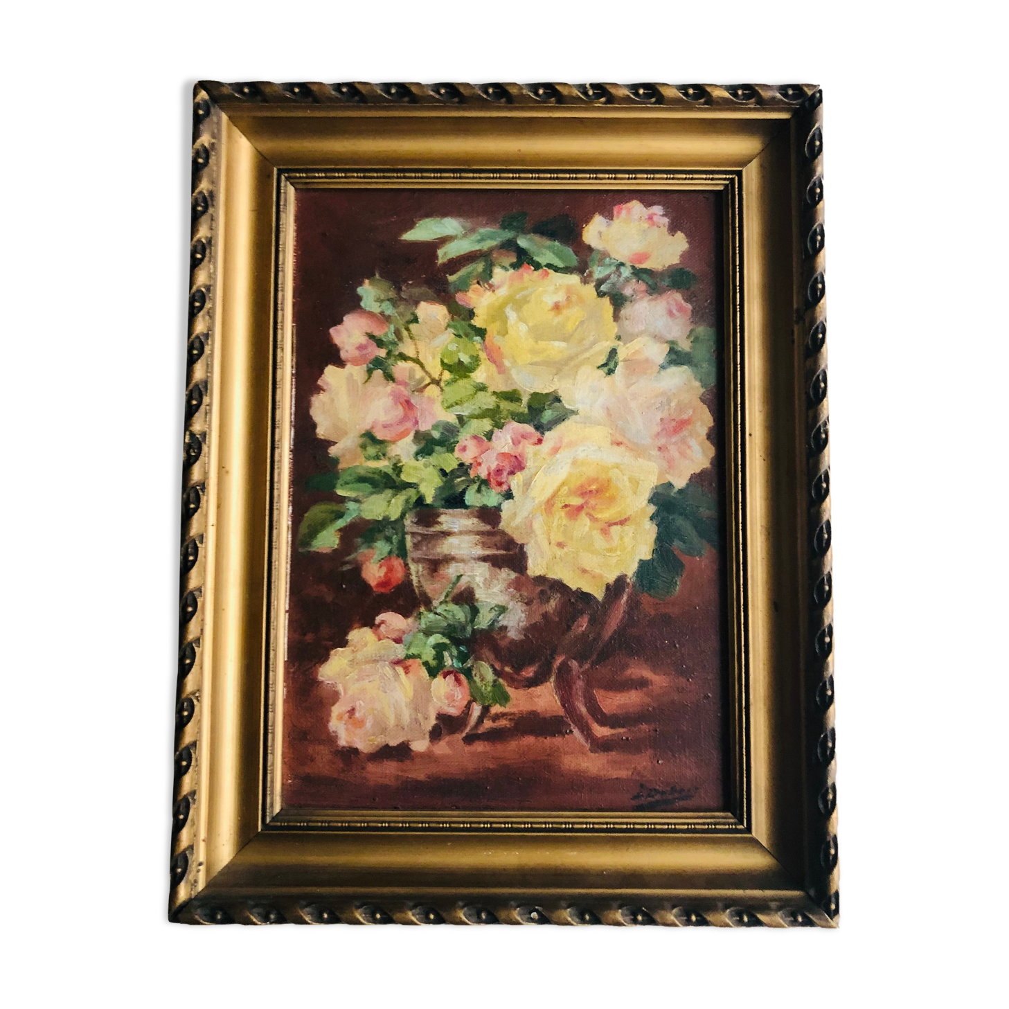 Huile sur toile, nature morte au bouquet de roses