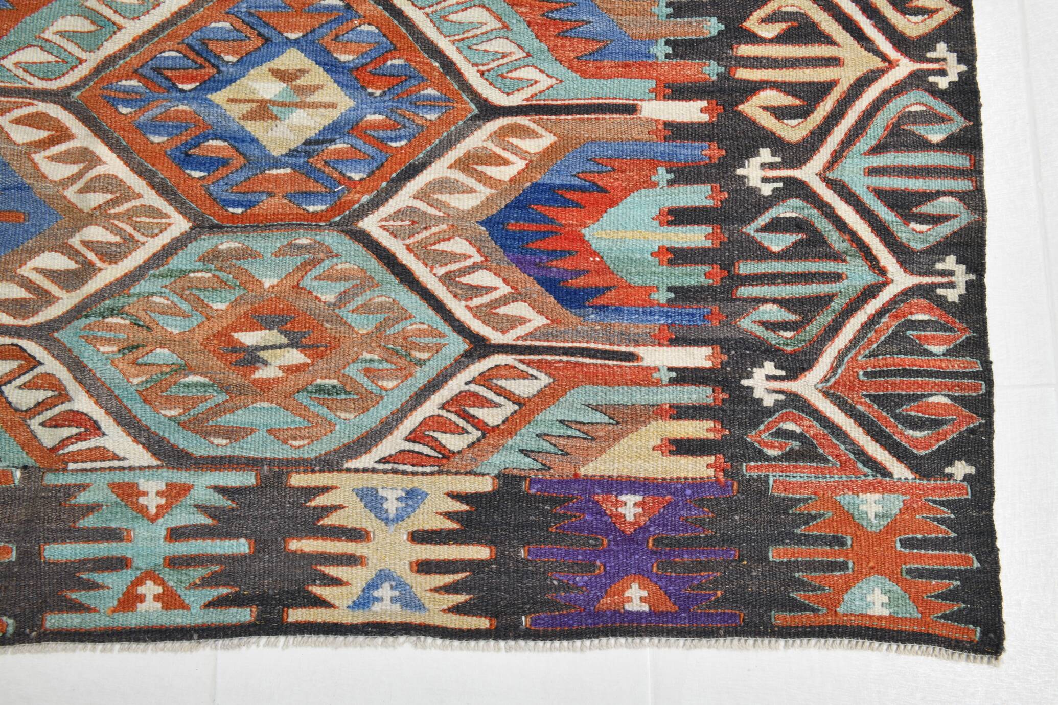 7x10 Green & Blue Geometric Pattern Kilim Rug, 222x303Cm