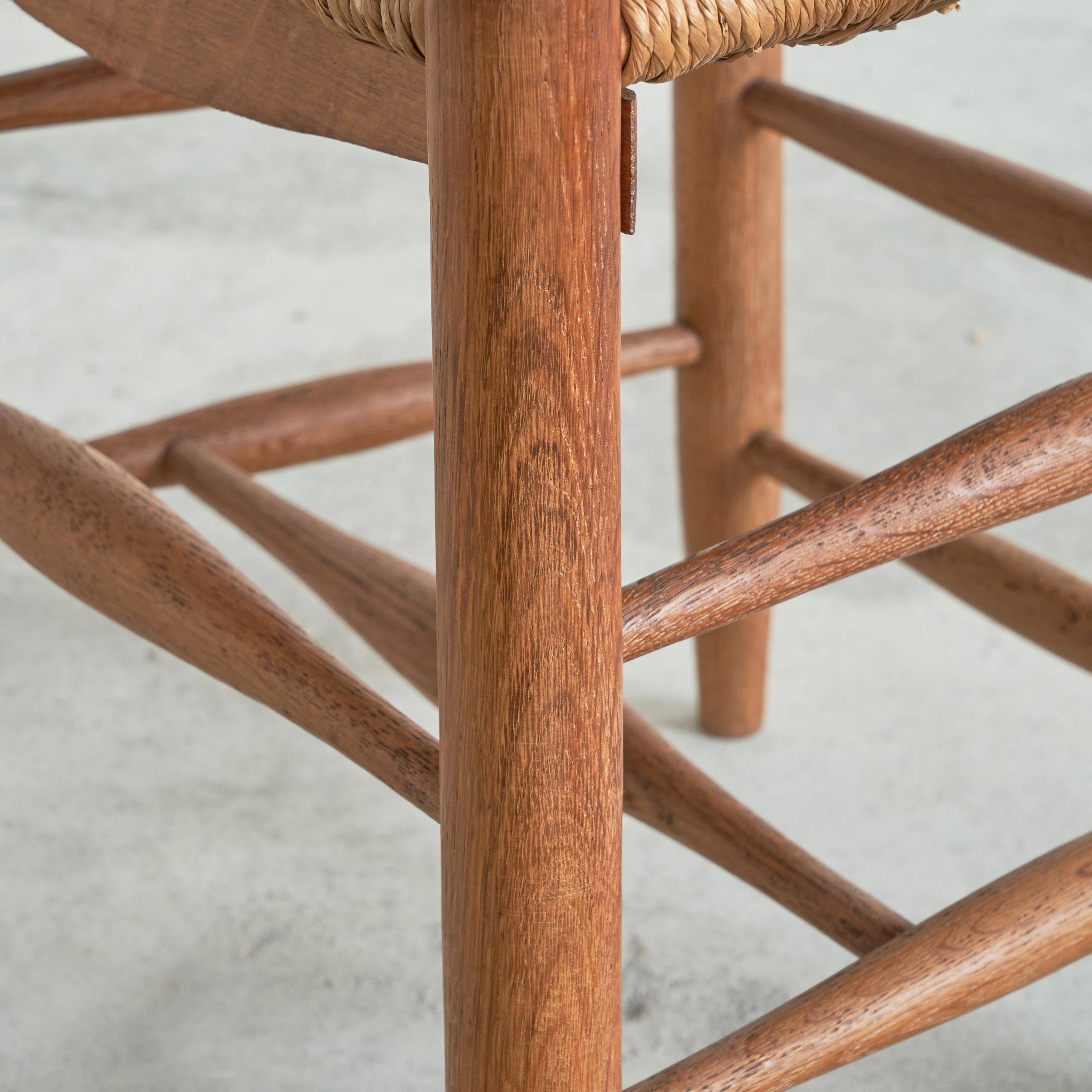 6 solid oak and woven bamboo chairs, mid-century, 1950s