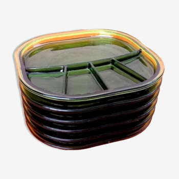 Set de 6 assiettes à fondue verre transparent vert années 1970 design Fienza Italy