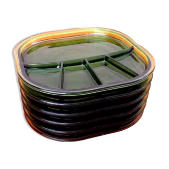 1970s Design Fienza Italy 6 Transparent Glass Fondue Plates (Green)