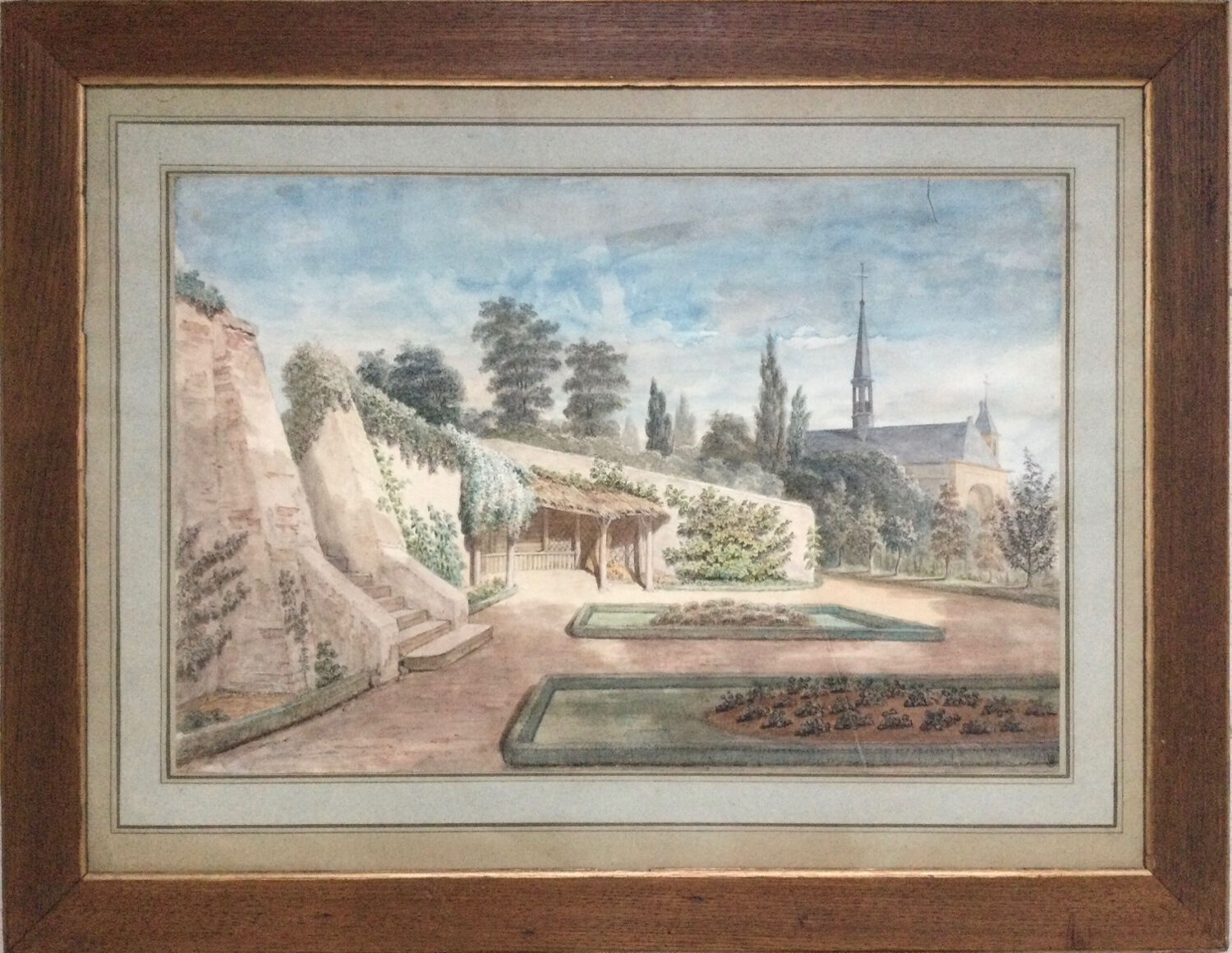 The garden of the abbey. Watercolour 19th century monogrammed.