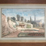 The garden of the abbey. Watercolour 19th century monogrammed.